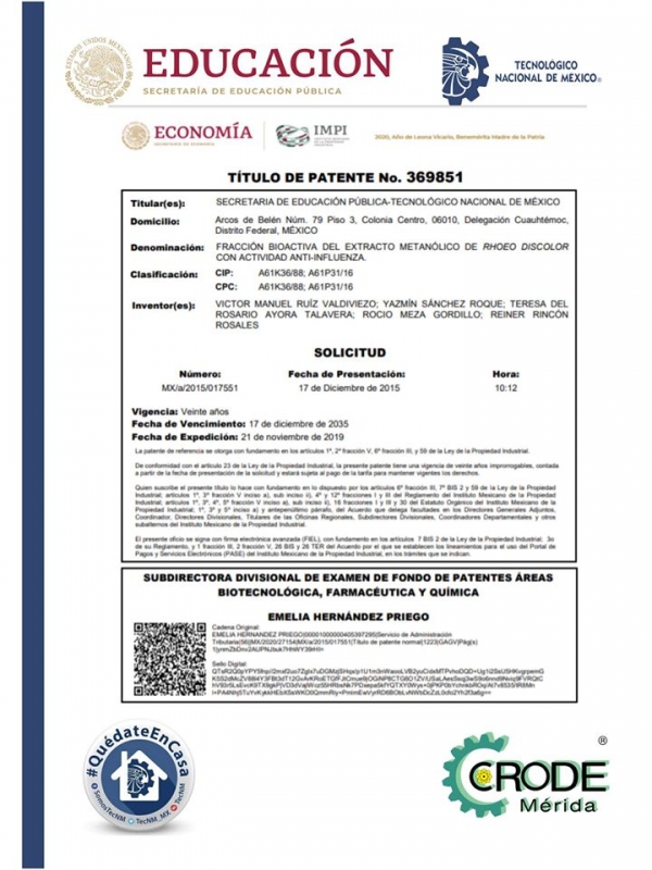 Otorgan Patente de Invención al TecNM Campus Tuxtla Gutierrez a través de las gestiones del CRODE Mérida